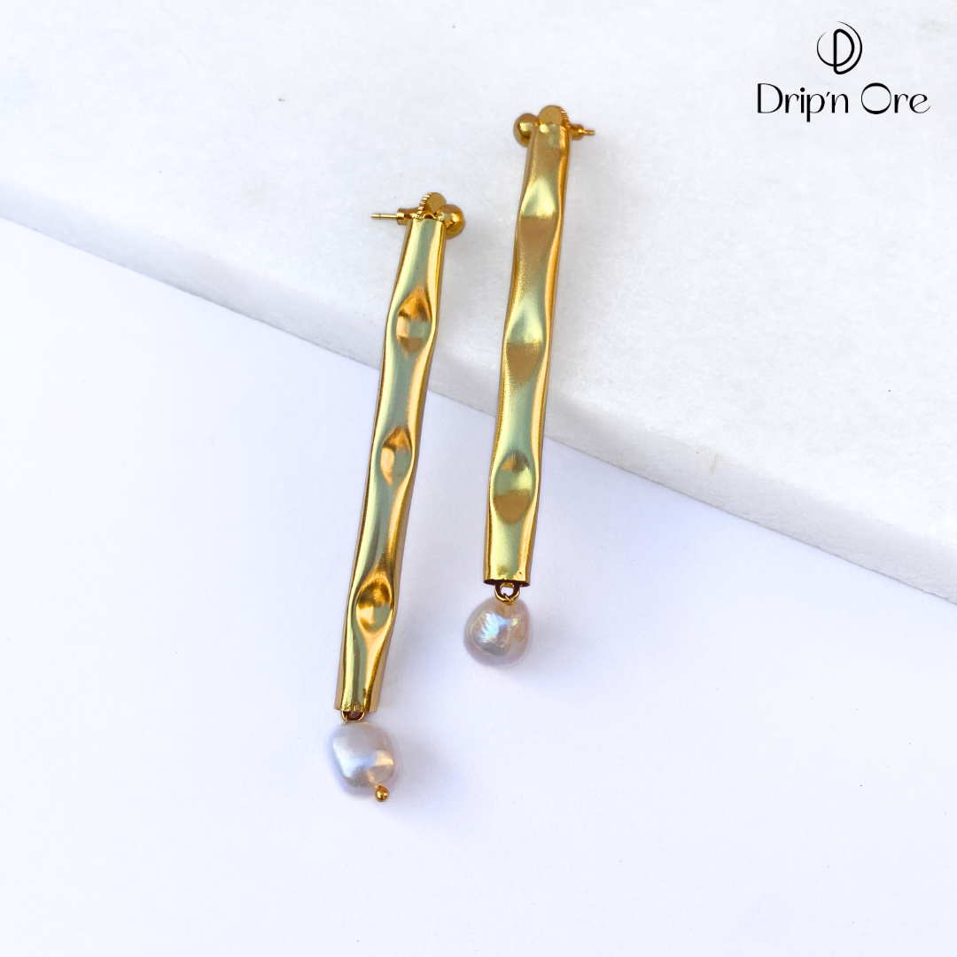 Sleek Pearl Brass Earrings