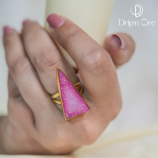 Pink Triangular Stone Brass Ring